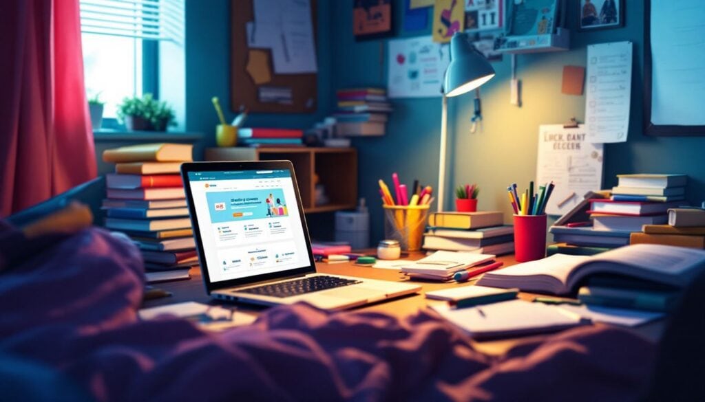 Een open laptop op een rommelig bureau in een studentenkamer.