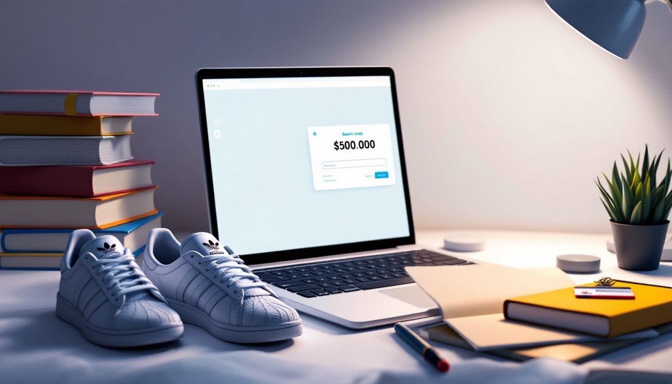 Een paar Adidas sneakers naast een laptop met een kortingscode.