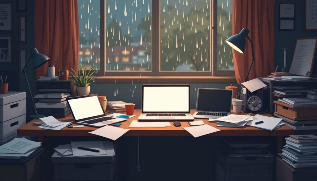 Een rommelig bureau op een regenachtige dag.