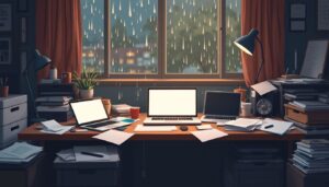 Een rommelig bureau op een regenachtige dag.