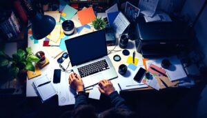 Een rommelig studentenbureau met een laptop, camera en printer.