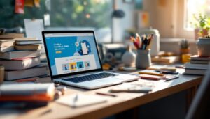 Een rommelig studentenbureau met open laptop en studiematerialen.