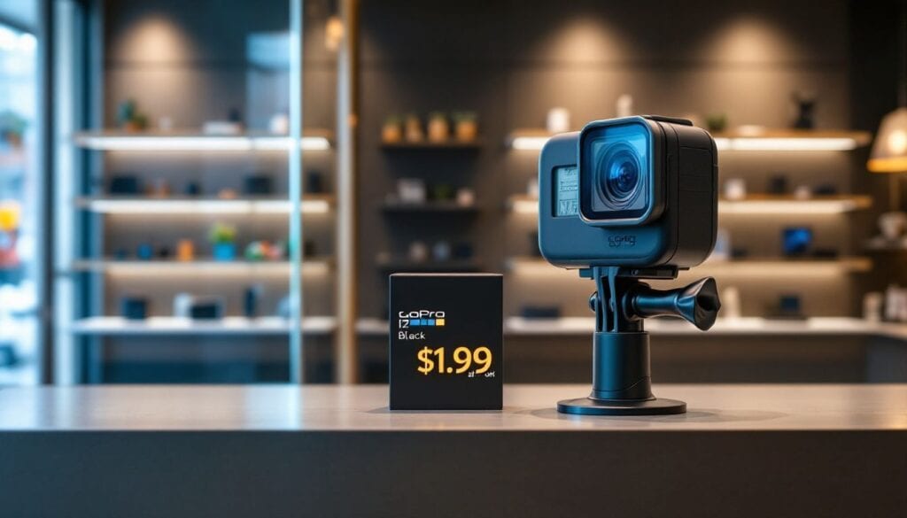 Een studentenkorting op een nieuwe GoPro 12 Black camera in een moderne techwinkel.