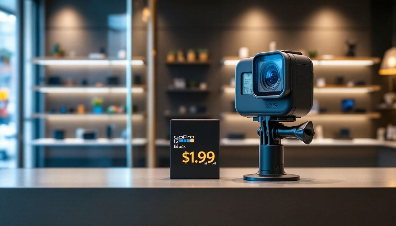 Een studentenkorting op een nieuwe GoPro 12 Black camera in een moderne techwinkel.