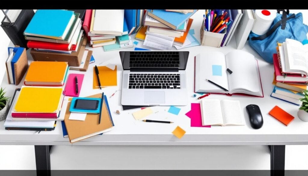 Een rommelig studentenbureau met laptop, boeken en aantekeningen.