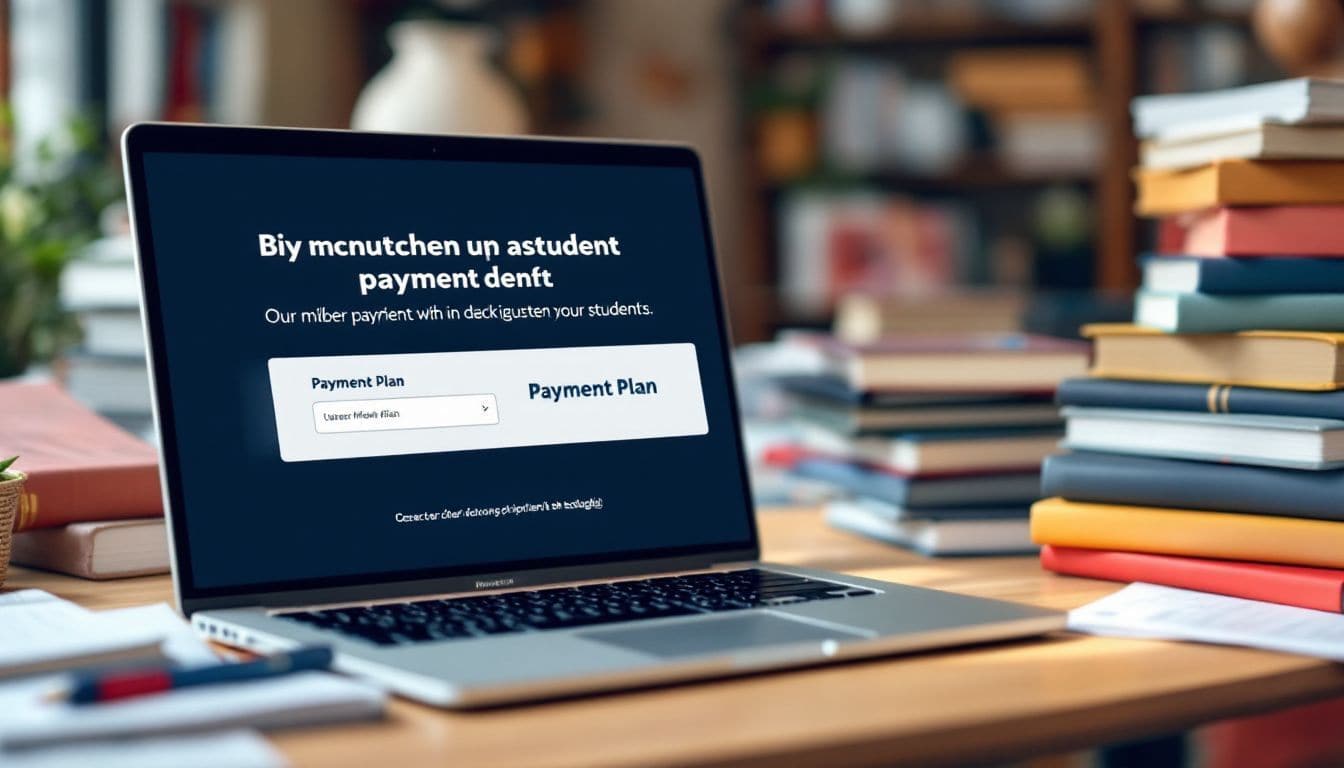 Een universiteitsstudent studeert met behulp van een laptop en studiemateriaal.