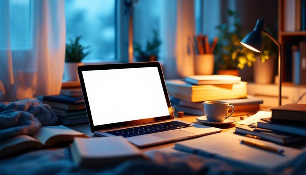 Een laptop op een rommelig bureau in een studentenkamer.