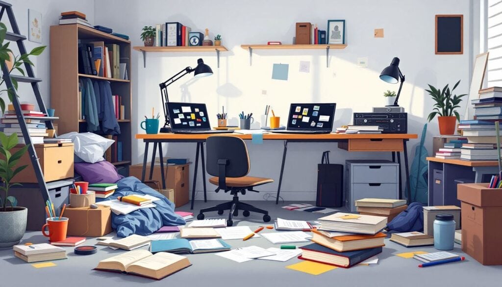 Een rommelige studentenkamer vol met schoolspullen.