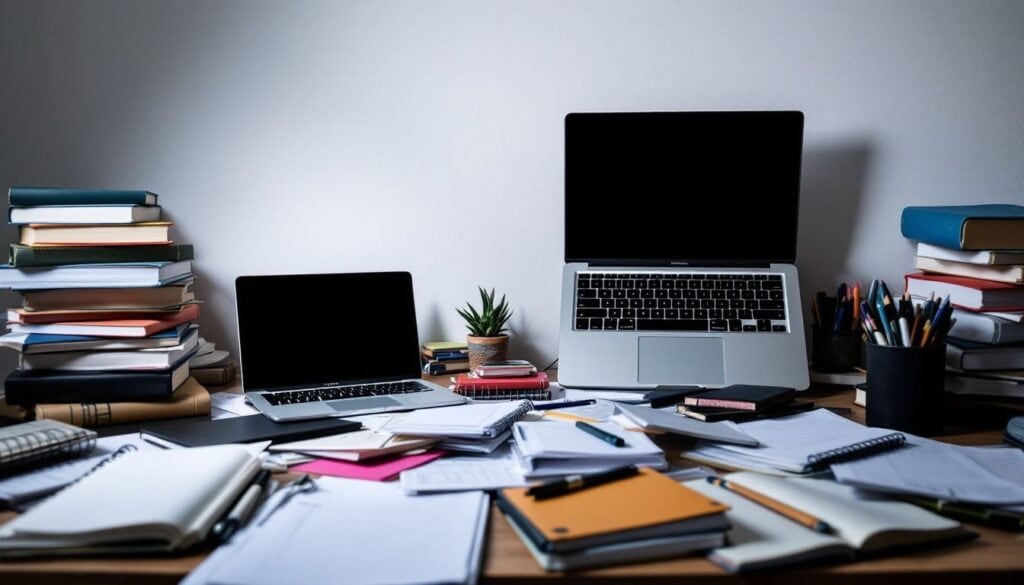 Een rommelig studentenbureau met boeken, laptops en papieren.