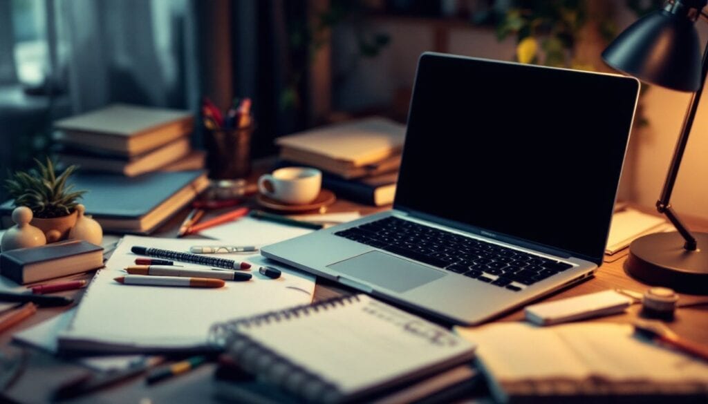 Een rommelig studentenkamer met open MacBook en studiematerialen op bureau.