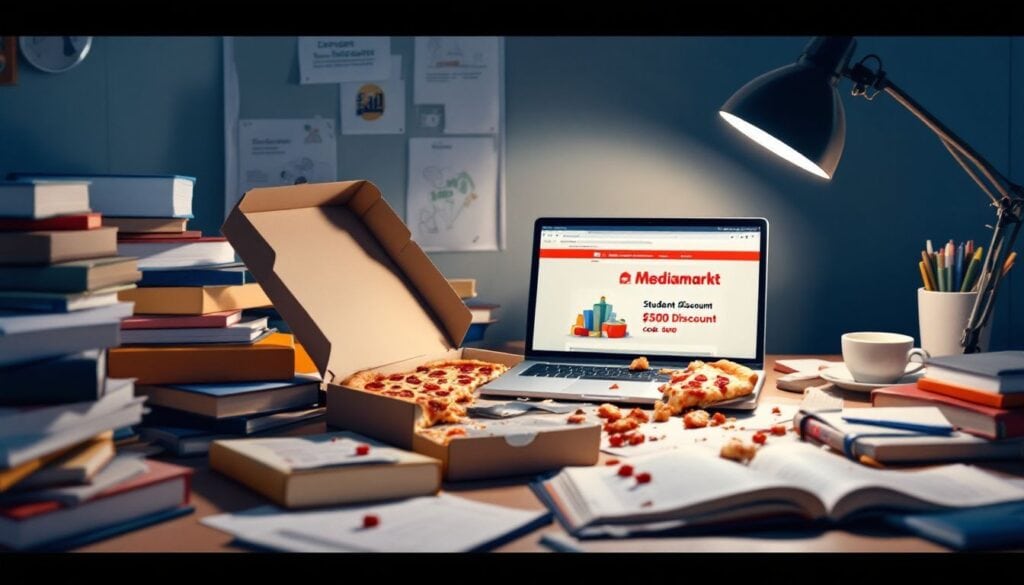 Een rommelig studentenbureau met boeken, laptop en pizzadoos.