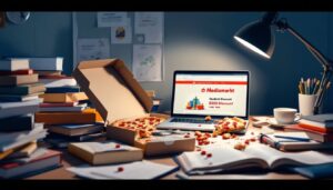 Een rommelig studentenbureau met boeken, laptop en pizzadoos.