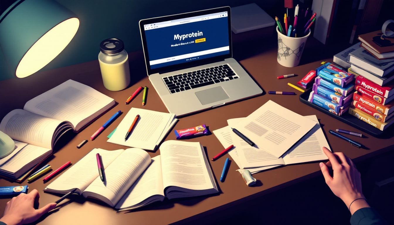 Een rommelig studentenbureau met open boeken, laptop en proteinerepen.