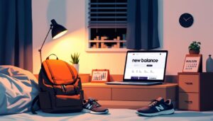 Een eenvoudige slaapkamer met een bureau, laptop en New Balance schoenen.