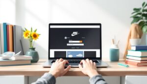 Een student voert een kortingscode in op de Nike-website voor 10% korting.