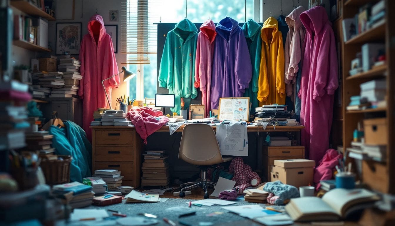 Een rommelige studentenkamer met stapels kleding, boeken en kunstbenodigdheden.