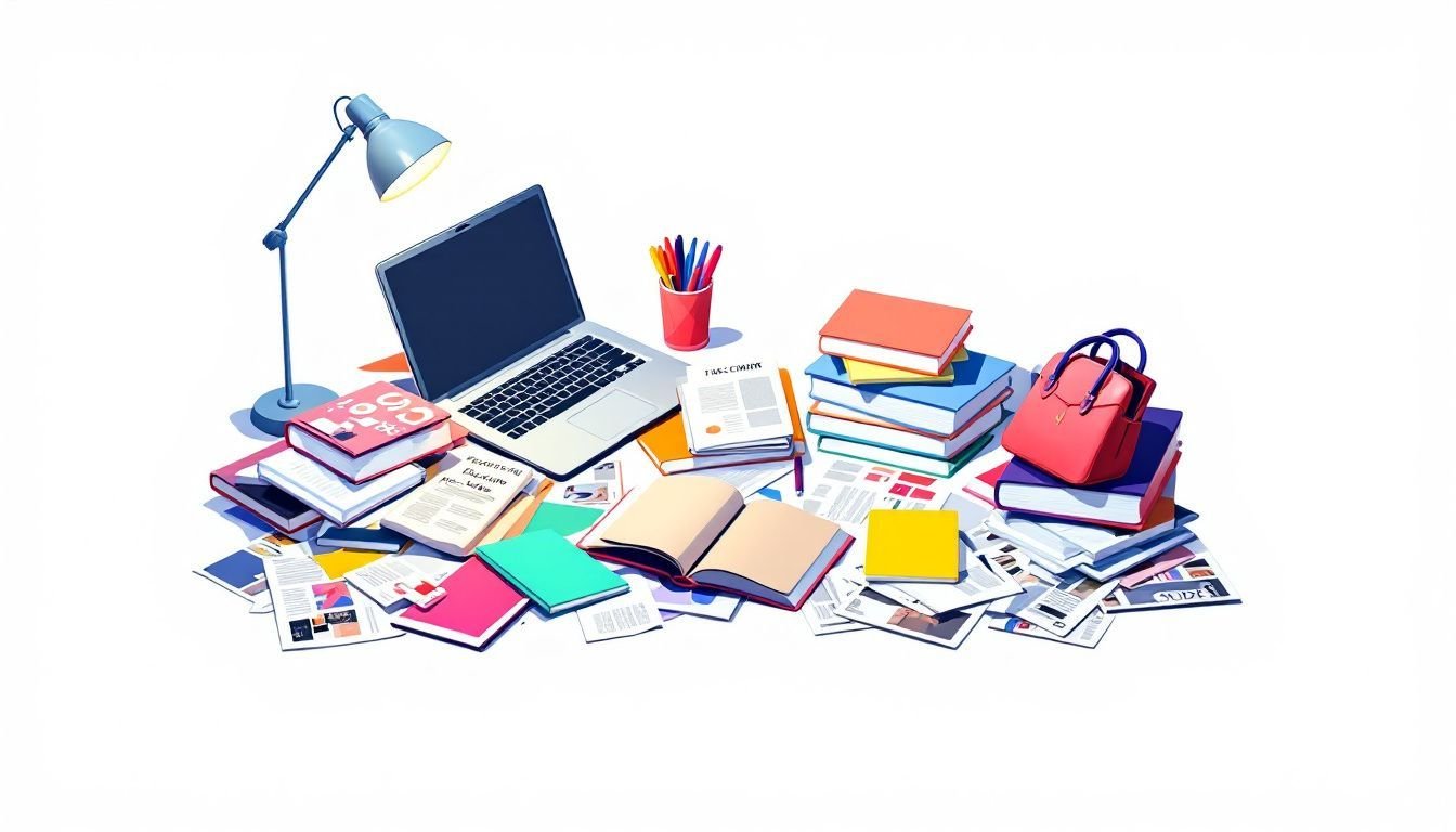 Een rommelige studentenkamer met een vol bureau en verspreide spullen.