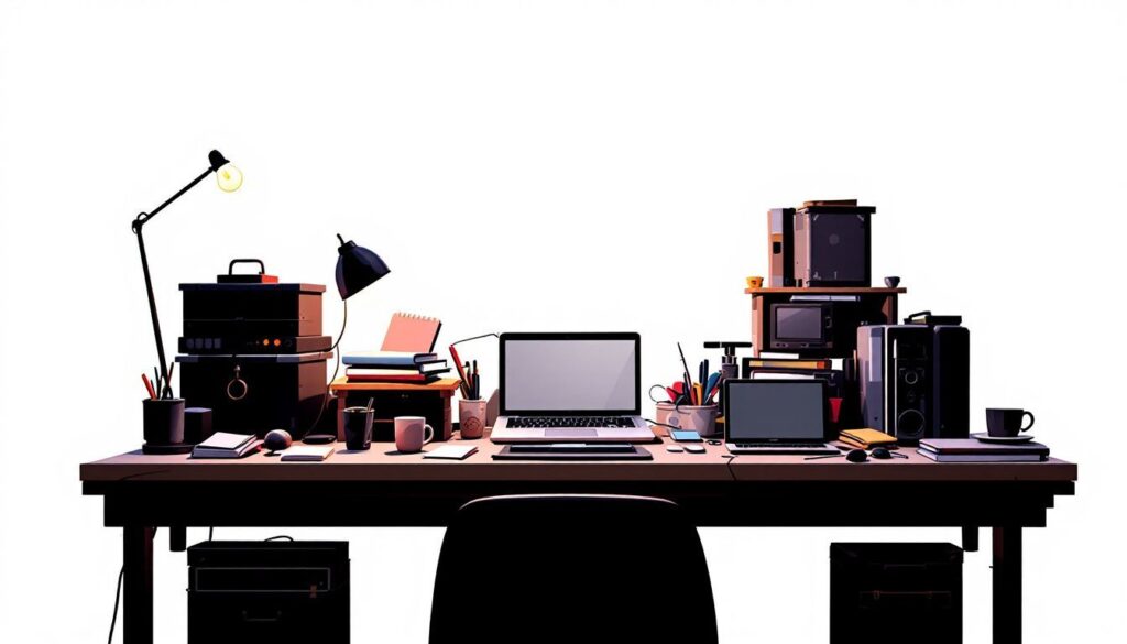 Een rommelig bureau met laptops en notitieboeken in flat design stijl.
