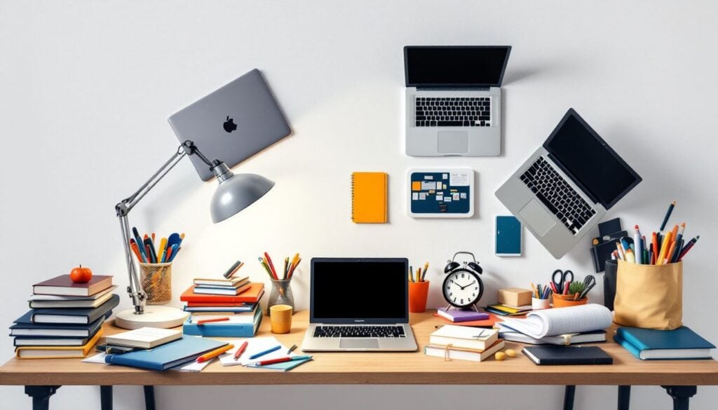 Een rommelig bureau met studenten laptops, boeken en stationery items.