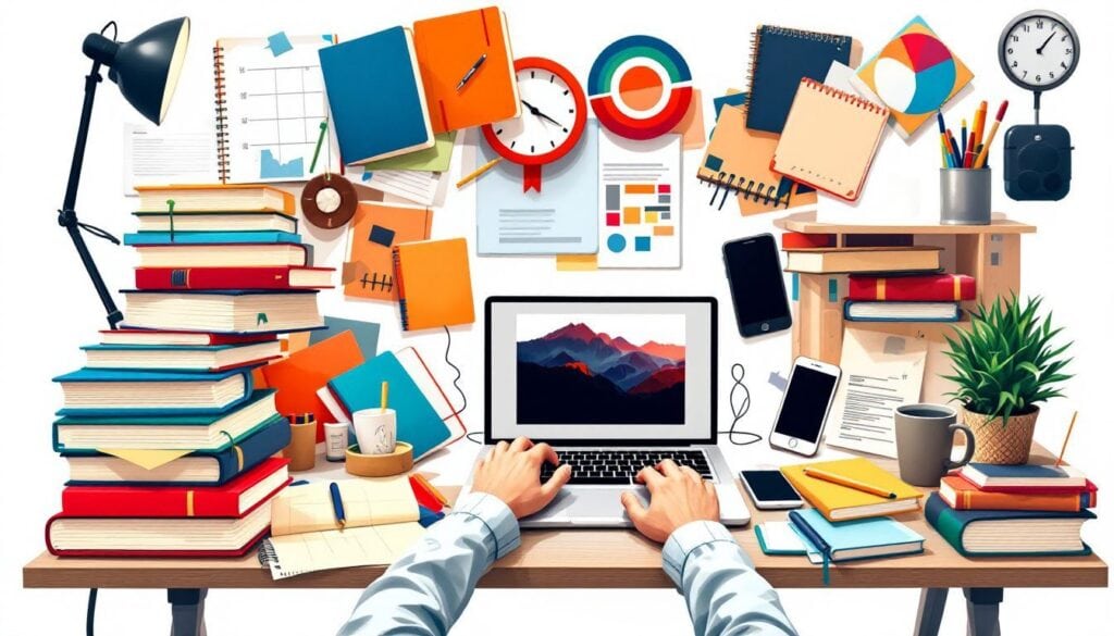 Een rommelig bureau met studieboeken, laptop en smartphone.