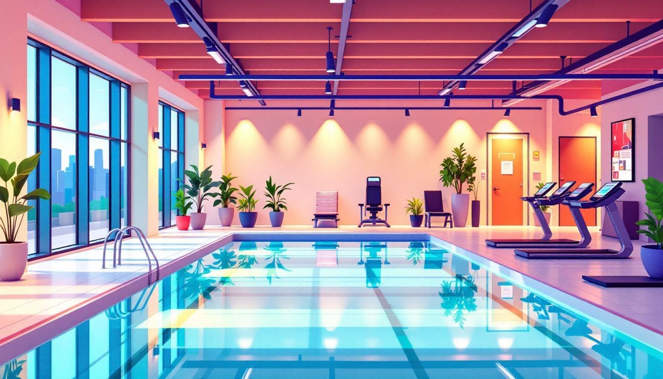 Een levendig studentensportcentrum in Eindhoven met een binnenzwembad en moderne fitnessapparatuur.