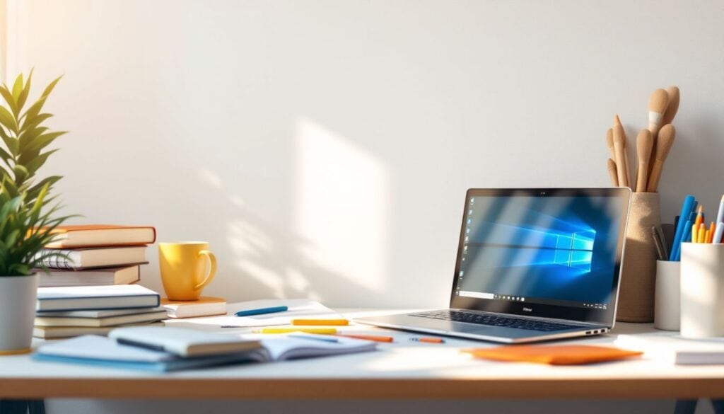 Een rommelig studentenbureau met boeken, notitieboeken en een moderne Windows-laptop.