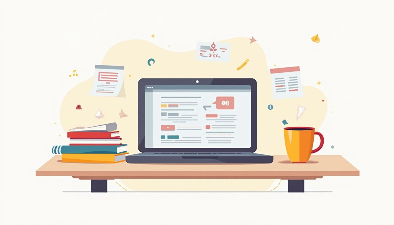 Minimalistische vectorillustratie van een opgeruimd bureau met geometrische vormen.
