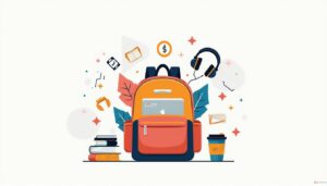 Minimalistische vectorillustratie van een rugzak met schoolspullen en koffie.