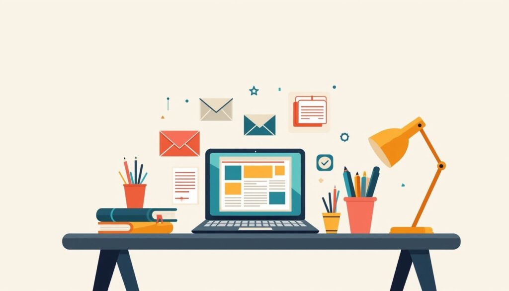 Minimalistische illustratie van een studentenbureau met laptop en boeken.