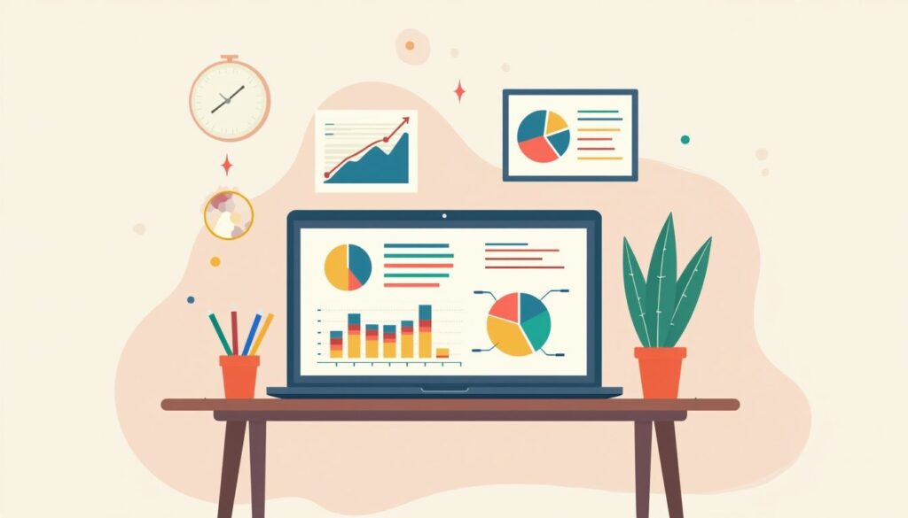 Minimalistische vectorillustratie van een laptop op een houten bureau.