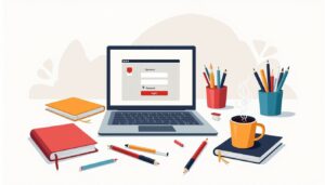 Minimalistische illustratie van een rommelige bureaublad met laptop en notitieboeken.