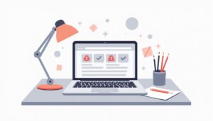 Minimalistische vectorillustratie van een laptop met studentlicentie-website en notitieboek.