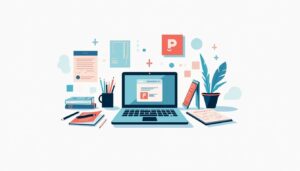 Minimalistische vectorillustratie van een rommelig bureau met laptop en notities.