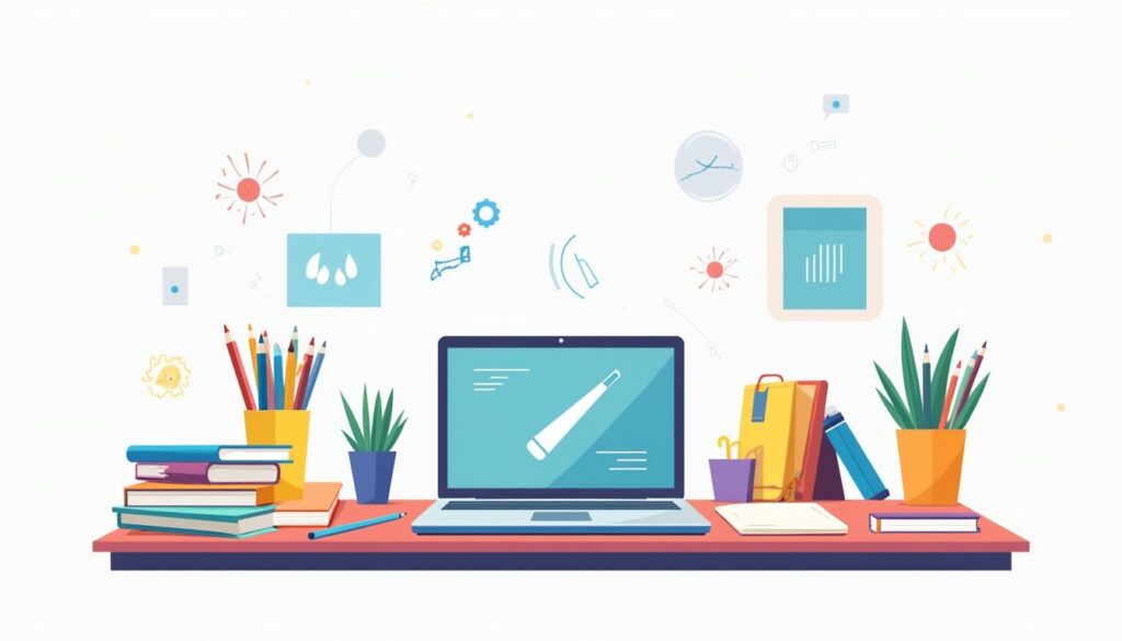 Minimalistische vectorillustratie van een rommelige studietafel met een laptop.