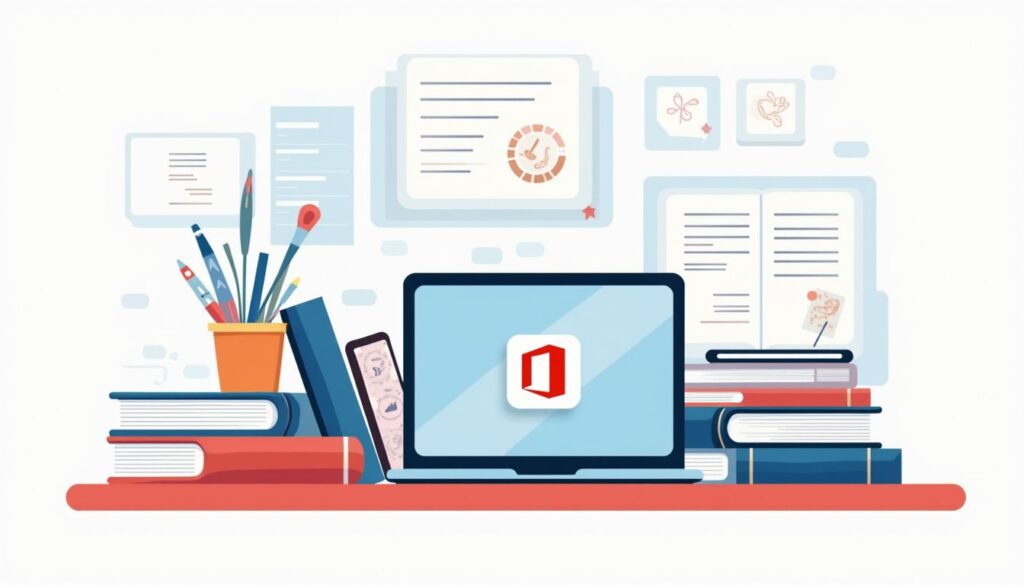 Een minimalistische illustratie van een rommelige studentenbureau met een laptop.