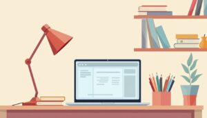 Minimalistische illustratie van een gezellige studietafel met een laptop.