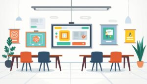 Moderne interactieve klasruimte in minimalistische, levendige flat design-stijl.