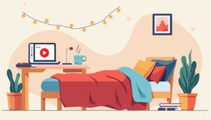 Minimalistische illustratie van een gezellige studentenwoning met kleurrijke elementen.