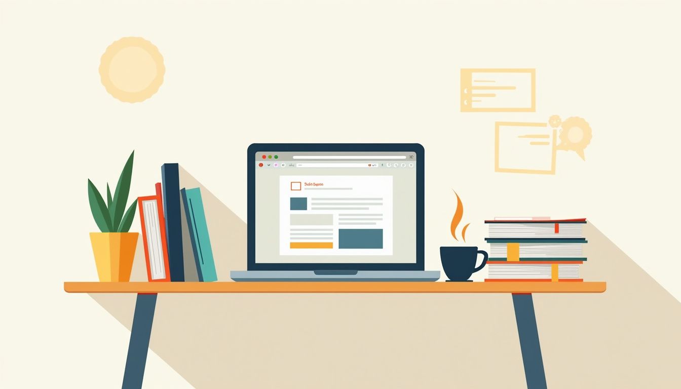Een minimalistische illustratie van een studentenbureau met laptop en boeken.