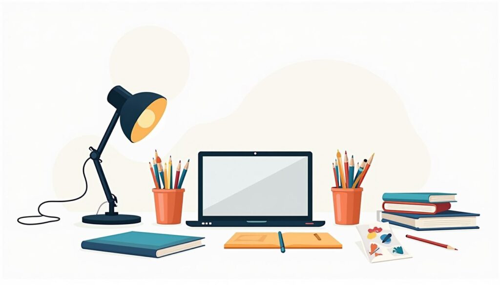 Minimalistische vectorillustratie van een studentenbureau met creatief materiaal.