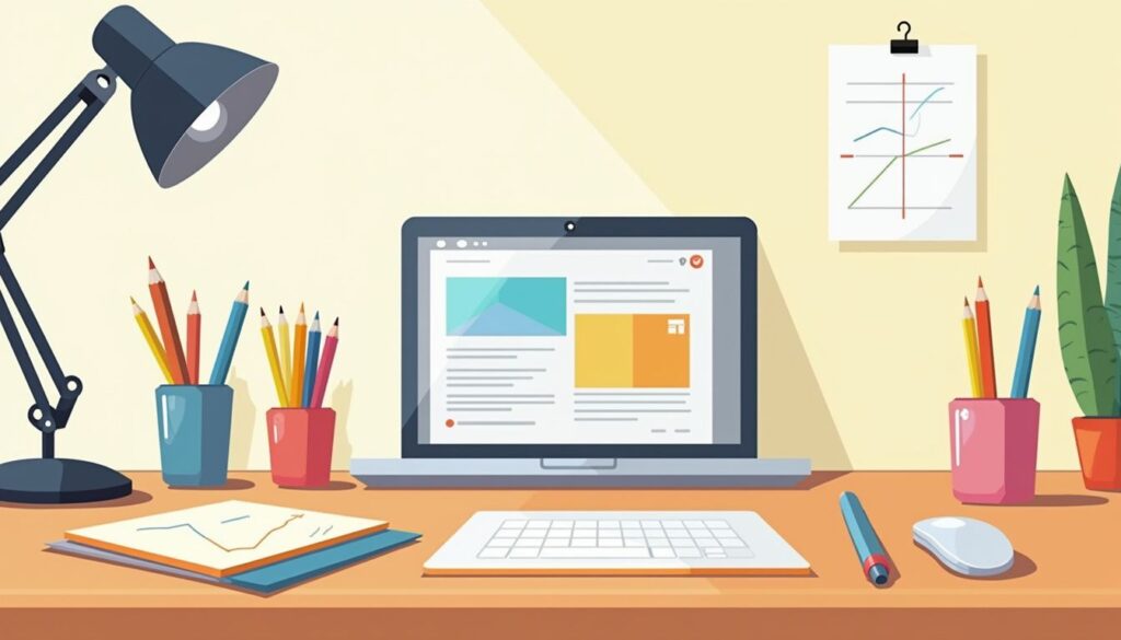 Minimalistische studeeromgeving met laptop, markers en schetsblokken.