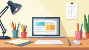 Minimalistische studeeromgeving met laptop, markers en schetsblokken.