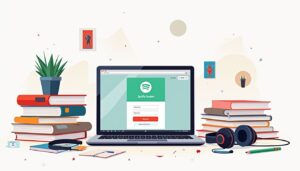 Geclusterd studentenbureau met laptop, boeken en posters in minimalistische stijl.