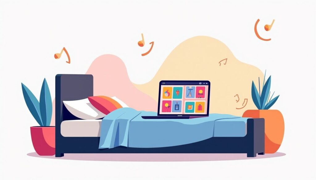 Minimalistische slaapkamerillustratie met een bed en laptop met albumcovers.