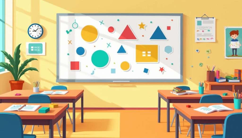 Minimalistische illustratie van een kleurrijk wiskundelokaal met educatieve materialen.