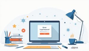 Minimalistische werkplekillustratie met laptop, studie-iconen en foutmelding.