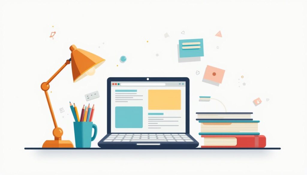 Minimalistische vectorillustratie van een studentenbureau met laptops en boeken.