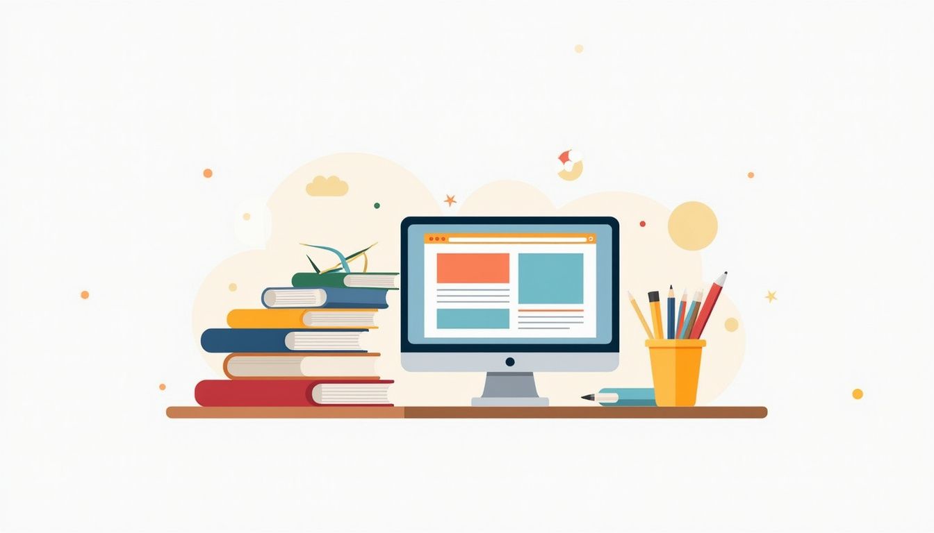 Minimalistische vectorillustratie van een studentenbureau met studiebenodigdheden.