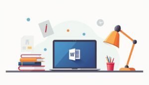 Minimalistische bureau-indeling met laptop, boeken en geometrische lamp.